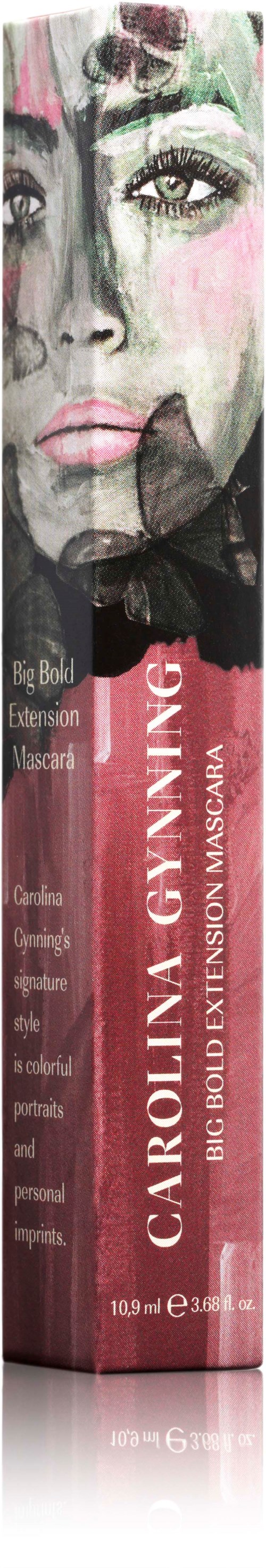 Mascara-Verpackung mit einem künstlerischen Frauenbild, pinke und schwarze Farben, Text über Wimpernkräuseln und -liften.