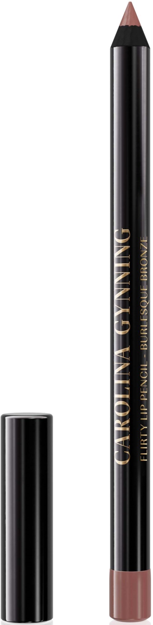 Ein schwarzer Lippenkonturenstift mit pinker Spitze und passender Kappe, mit der Aufschrift "Caroline Ganning".