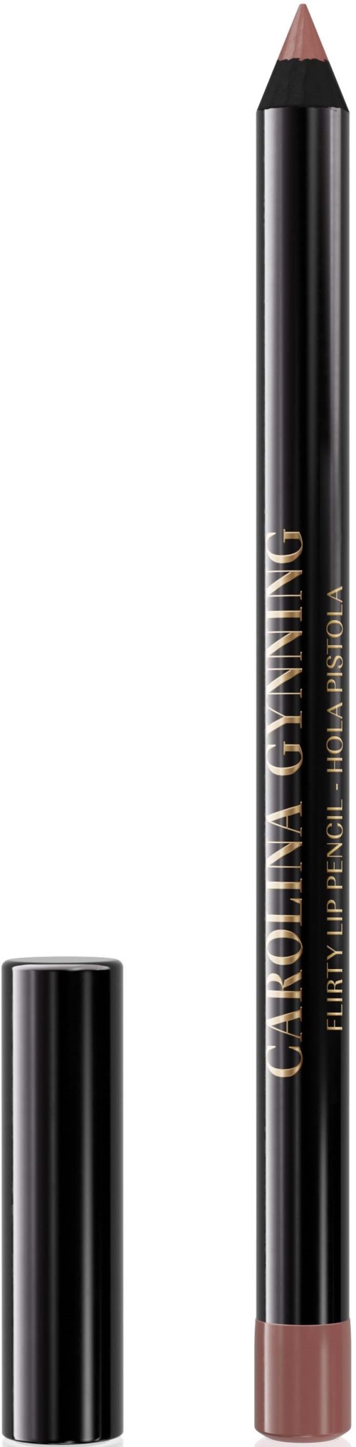Ein schwarzer Lippenkonturenstift mit rosa Spitze und abnehmbarem Deckel, beschriftet mit 'CARMINE GLOSS' an der Seite.