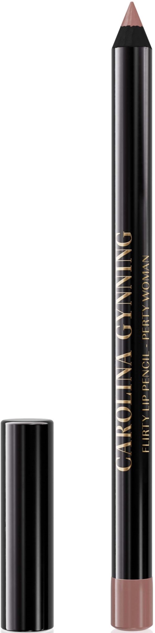 Ein Lippenstiftstift mit schwarzer Hülse und goldener Schrift, zeigt einen Teil des rosa Lippenstiftspitzes.