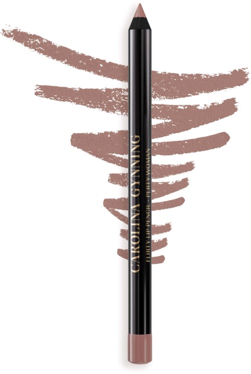Ein schwarzer Lippenstiftstift mit brauner Spitze, steht senkrecht vor einem braunen, wirbelnden Hintergrund.