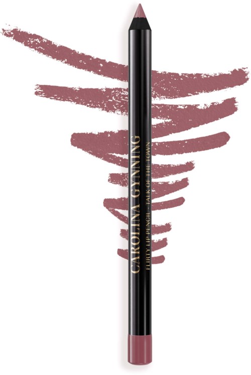 Ein Lippenkonturenstift mit rosa-brauner Farbe steht vor einem Hintergrund aus Pinselstrichen.