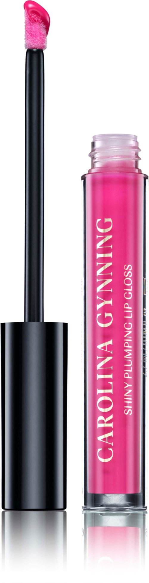 Rosa Lipgloss mit schwarzem Röhrchen und Applikator. Text auf der Tube lautet 'Carolina Gynning'.