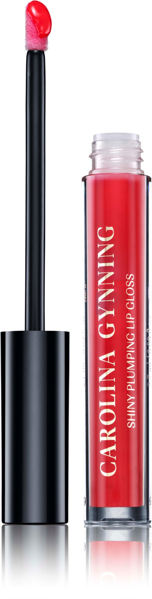 Lippenpflegebehälter mit pinkem Applikator, roter Glanz sichtbar, Aufschrift 'Carolina Gynning'.