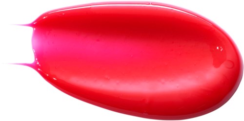Eine große rosa Flüssigkeitstropfen vor schwarzem Hintergrund. Der Tropfen ist glatt und glänzend.
