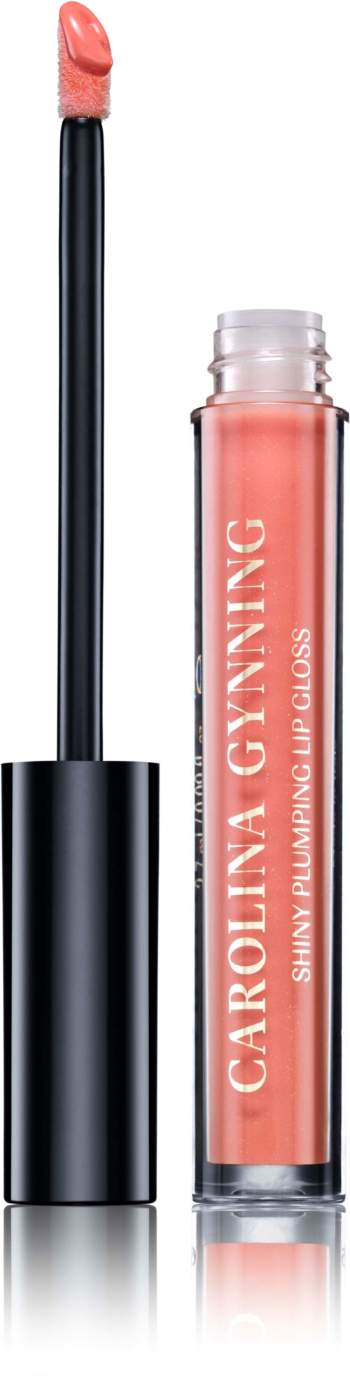 Ein transparenter Lippenstift mit schwarzem Deckel und Applikator, mit hellrosa Lipgloss innen.