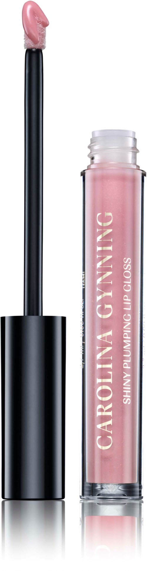 Rosa LippenGloss mit Applikatorspitze, in durchsichtigem Fläschchen mit 'Caroluna Gving' bezeichnet für glänzende Lippen.