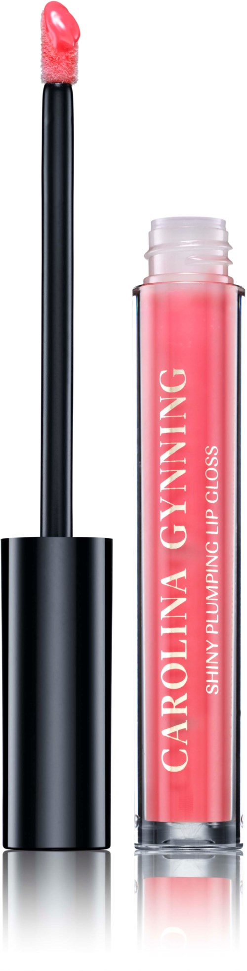 Ein Lippenstift mit rosa Farbton und schwarzem Deckel, mit entferntem Applikator.