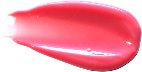 Ein pinkfarbener Lippenstiftstrich auf weißem Hintergrund. Der Lippenstift ist glänzend und glatt mit einer runden Form.