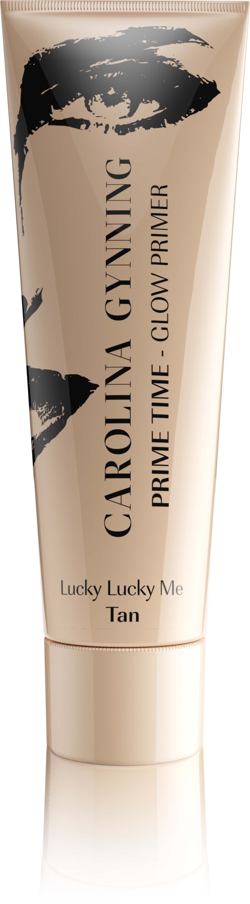 Schwarze und beige Tube mit der Beschriftung 'Carolina Gyming' und 'Lucky Lucky Me Tan'. Es ist ein Glow Primer für die Haut.