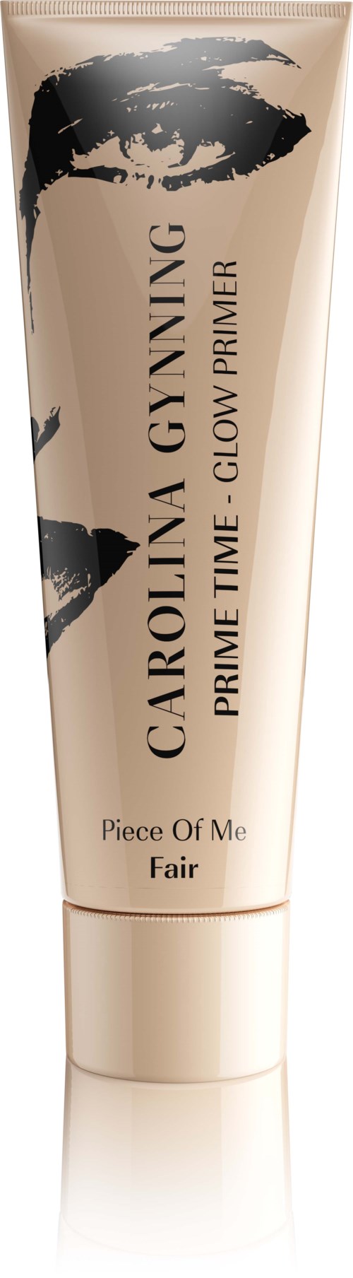 Beige Tube mit schwarzen abstrakten Gesichtselementen, Textbeschreibung eines Primers und Markendetails.
