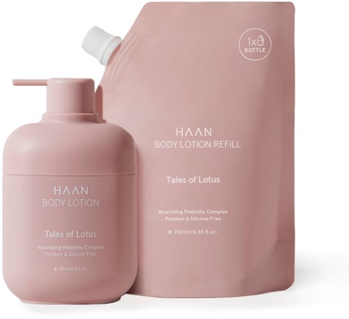 Pink bottle and refill pouch of HAN body lotion, Tales of Lotus scent, preservative-free, 250ml.