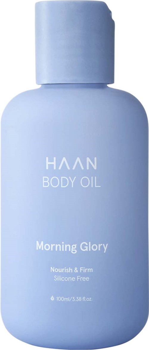 Eine hellblaue Flasche mit "HAAN Body Oil" und "Morning Glory" Duft, nährend und silikonfrei, 100ml.