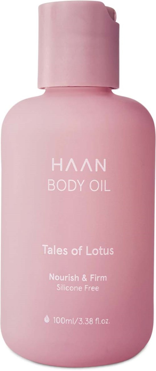 Rosa Flasche mit 'HAN Body Oil' und 'Tales of Lotus'-Duft, pflegend und festigend, 100ml.