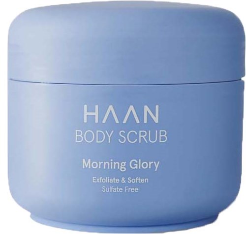 A blue jar containing HAAN Body Scrub called Morning Glory, exfoliates and softens skin, sulfate free.