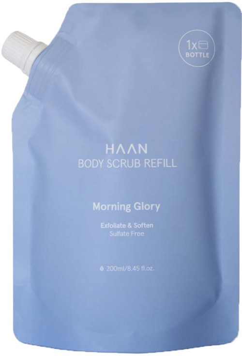A light blue refill pouch for a body scrub, labeled "Morning Glory," with a white cap and simple text.