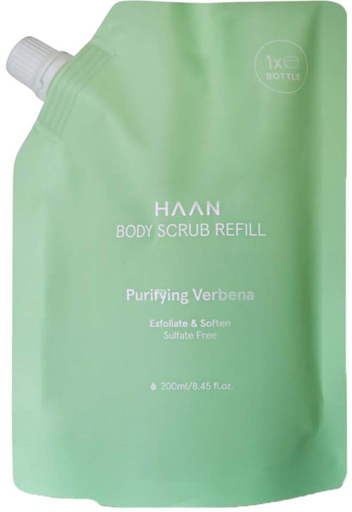 Grüner Nachfüllbeutel für Körperpeeling mit Veilchen-Duft, sulfatfrei, 200 ml.