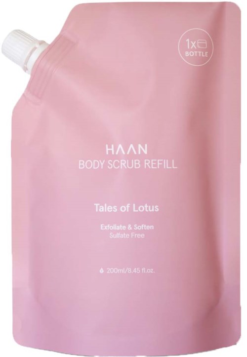 Rosa Nachfüllbeutel für Körperpeeling mit Ausgießer, etiketti 'Tales of Lotus', macht weich und exfoliert, sulfatfrei.