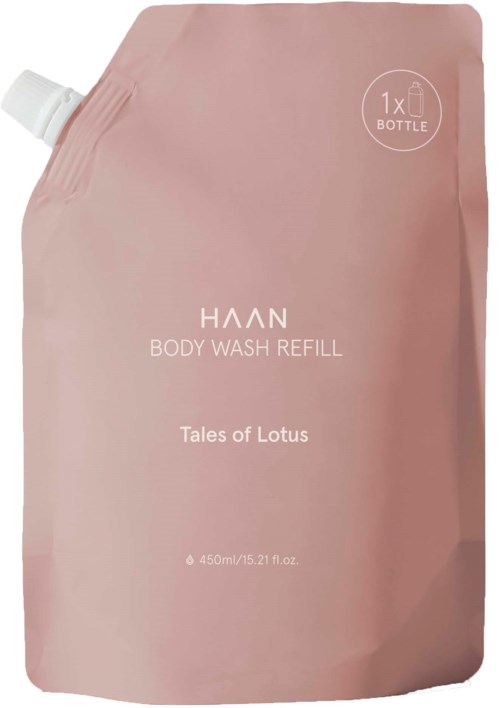 Rosafärgad refillpåse för kroppstvätt märkt 'Tales of Lotus' av HAAN, rymmer 450 ml.