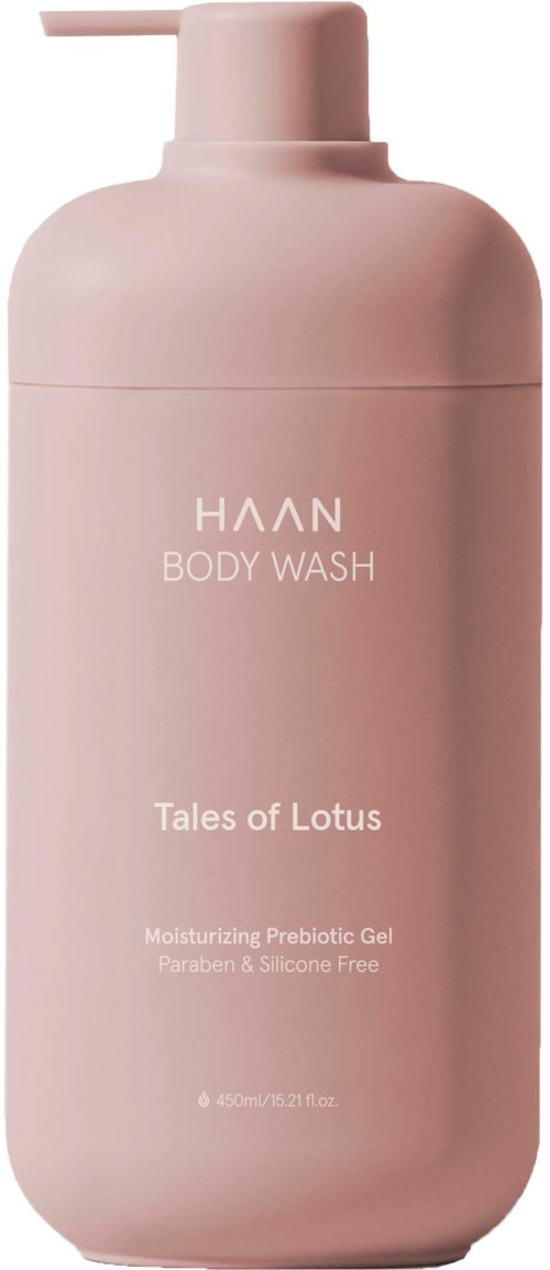 En rosa flaska med pump, märkt HAAN Body Wash, Tales of Lotus, återfuktande och fri från parabener och silikon.