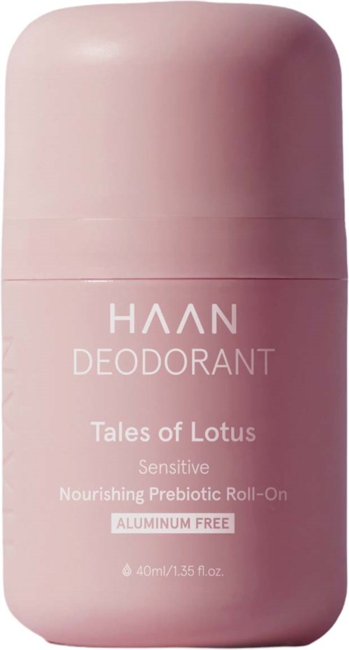 Pink roll-on deodorant bottle labeled 'Tales of Lotus' for sensitive skin, aluminum free, 40 ml.
