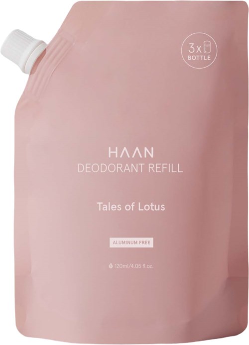 Een roze navulverpakking voor deodorant. Het zegt 'Tales of Lotus' en dat het aluminiumvrij is. Bevat 120 ml.
