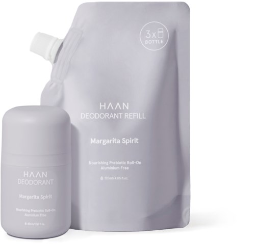 Påfyllingspakke og deodorantbeholder merket 'Haan Margarita Spirit' med hvit emballasje.