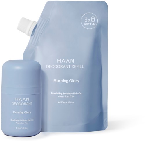 A deodorant spray and a refill pouch labeled 'Morning Glory' by HAAN, both are aluminum free.