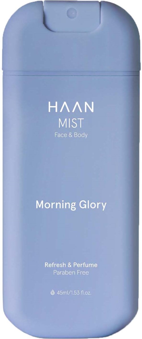 Blaue Flasche von HAAN Mist Face & Body, beschriftet 'Morning Glory', duftend und parabenfrei.