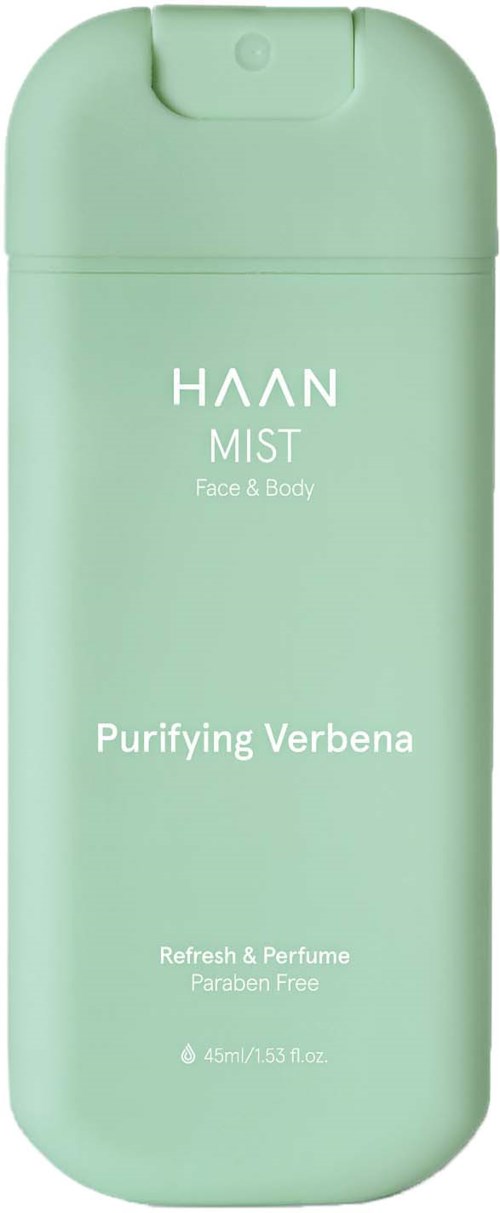 Eine grüne Flasche mit HAAN MIST Purifying Verbena, für Gesicht und Körper, ohne Parabene, 45 ml.