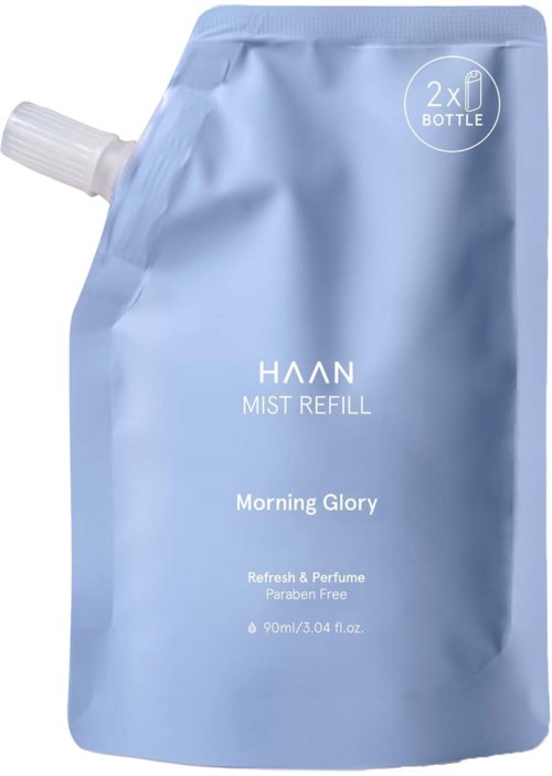 Nachfüllbeutel für ein Sprayprodukt, mit der Bezeichnung 'Morning Glory,' in hellblauer Verpackung mit einem Ausguss.