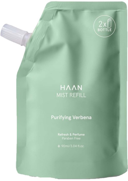 Grüner Nachfüllbeutel mit 'Haan Mist Refill' gekennzeichnet, enthält reinigende Verbena-Spray, parabenfrei.