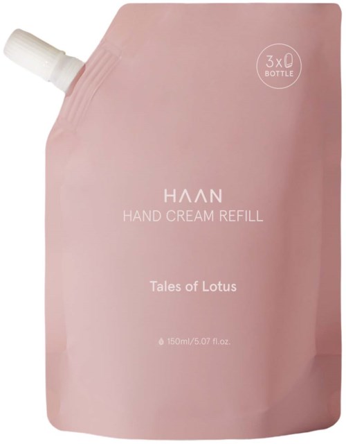 Eine rosa Nachfüllpackung für HANAN Handcreme, 150 ml, Titel Tales of Lotus, für drei Flaschen.