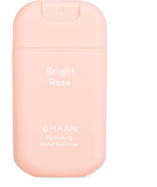 Hellrosa Hülle für Handdesinfektionsmittel mit Text: Bright Rose, HAAN Hydrating Hand Sanitizer.