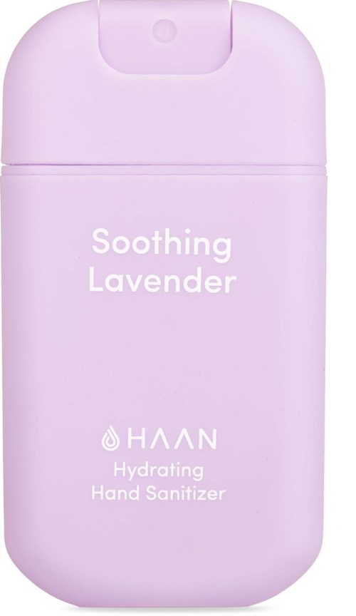 Ein lavendelfarbener Behälter mit Aufschrift 'Soothing Lavender' für feuchtigkeitsspendendes Handdesinfektionsmittel.