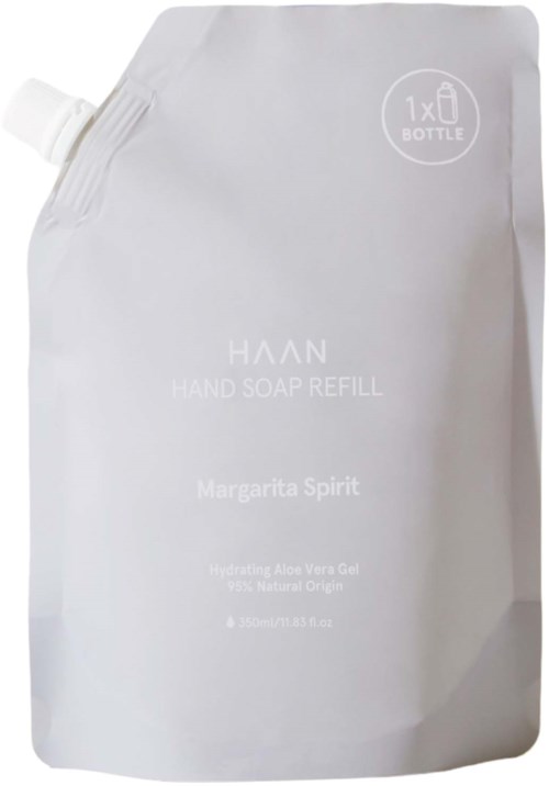 Weiße Nachfüllpackung für Handseife, beschriftet 'Haan Margarita Spirit' mit Aloe Vera Gel, für eine Flasche.