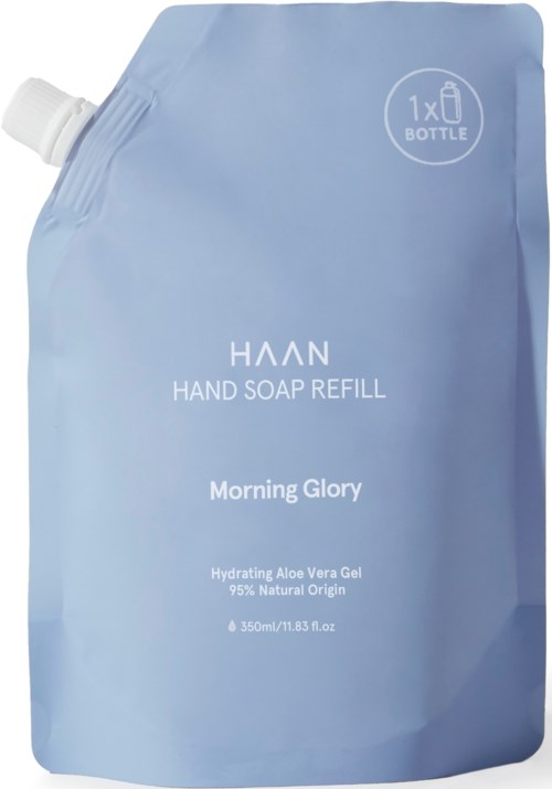 Hellblauer Nachfüllbeutel für Handseife, mit Beschriftung "HAAN HAND SOAP REFILL" und Duft "Morning Glory" mit Aloe Vera.