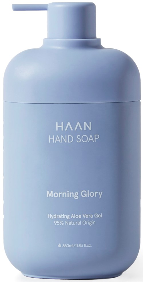 Eine hellblaue Flasche von HAN Hand Soap mit der Bezeichnung 'Morning Glory' mit Aloe Vera, 350 ml, natürliche Inhaltsstoffe.