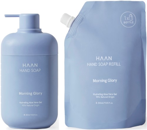 Blaues Flüssigseifenspender mit Nachfüllbeutel mit der Aufschrift "Morning Glory". Beides ist von der Marke HAAN.