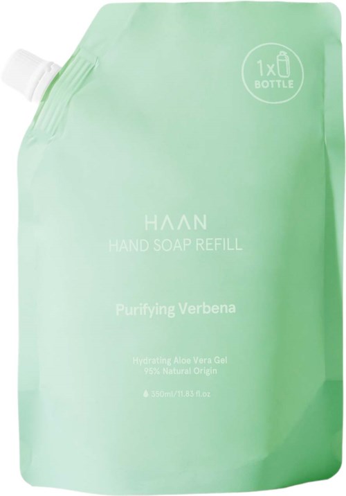 Eine grüne Nachfüllpackung für Handseife mit Aloe Vera, mit Beschriftung 'Purifying Verbena,' Flasche-Icon und Kapazitätsangabe.