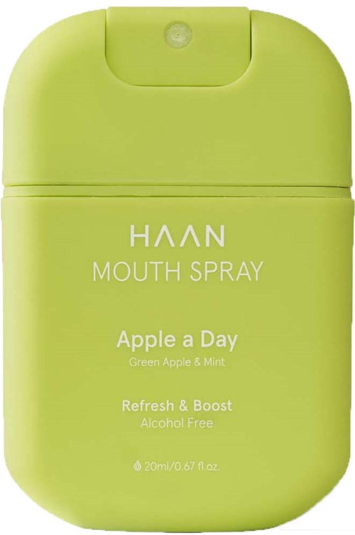 Green case with white text, containing apple and mint flavor mouth spray, alcohol-free, 20ml size.