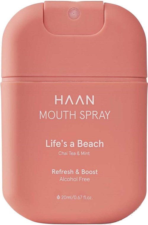 A pink container labeled 'HAAN Mouth Spray' with a beach-themed scent, alcohol-free, 20 ml.