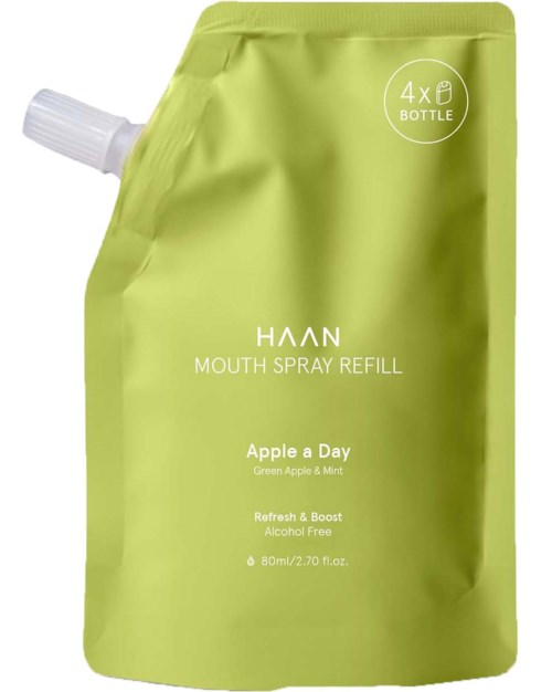 Green refill pouch for mouth spray with apple and mint flavor, alcohol-free, 80ml capacity, designed for four bottles.