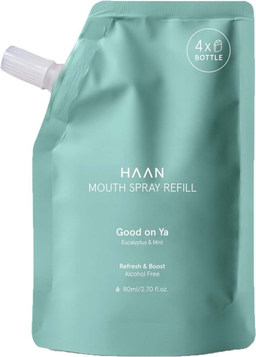 A teal refill pouch for HAAN mouth spray, labeled with scent Eucalyptus & Mint, alcohol-free, and 80ml size.