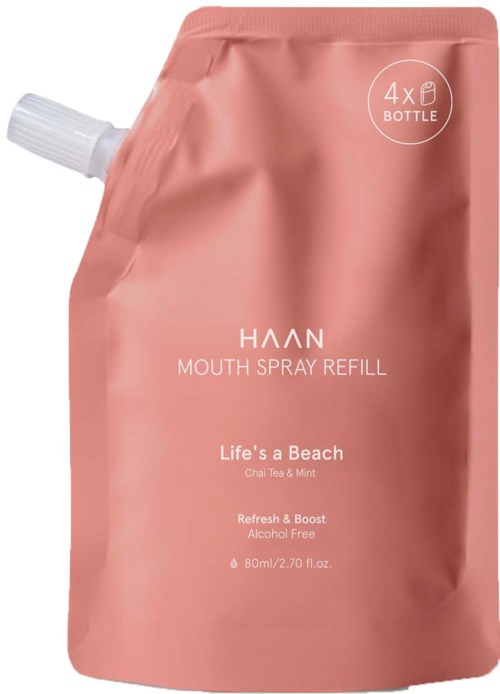 Eine pinke Nachfüllpackung für Mundspray mit weißem Verschluss, labeled 'Life's a Beach' mit Tee und Minzduft.