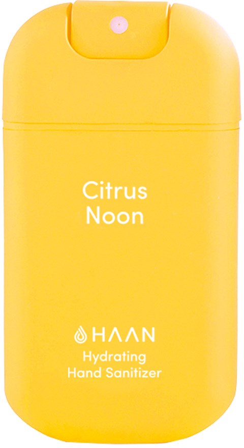 Ein gelber Behälter mit der Aufschrift 'Citrus Noon' für Handdesinfektionsmittel, mit Markenname 'HAAN' und Beschreibung 'Hydrating Hand Sanitizer.'