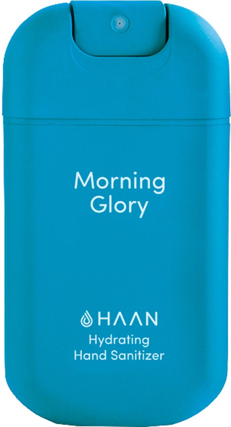 Ein blauer Handgerät mit der Aufschrift 'Morning Glory' und 'Hydrating Hand Sanitizer' von HAAN.