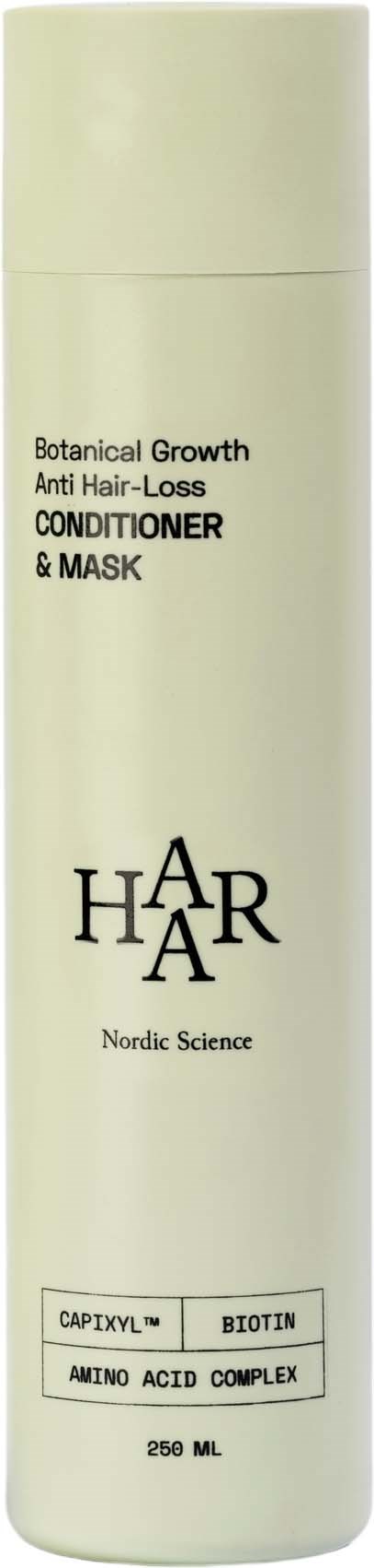 A tall container with a label promoting a hair growth conditioner and mask, containing natural ingredients.