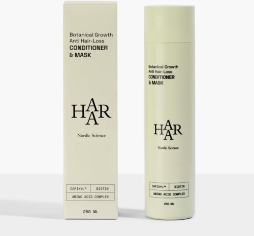 A bottle and box of hair conditioner and mask with simple white and light green design. Text describes ingredients and purpose.
