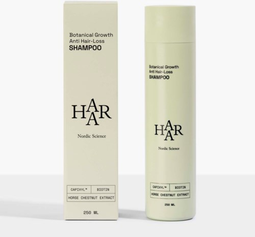 A shampoo bottle and box labeled 'Botanical Growth Anti Hair-Loss' with ingredients like Biotin and Horse Chestnut Extract.